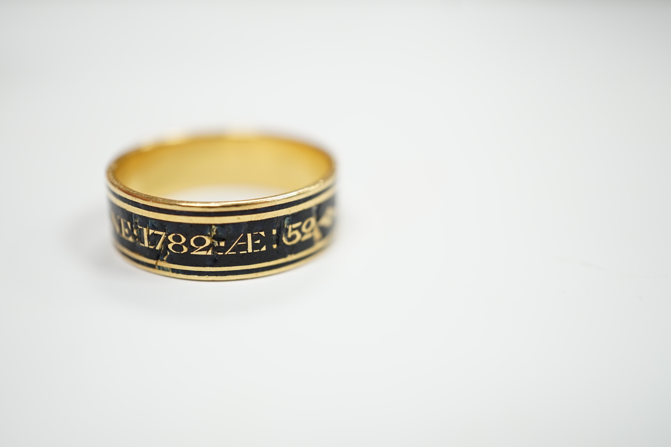 A George III yellow metal and black enamel set mourning band, inscribed ' J.B. Tippetts ob.28 June, 1782, ae.52', size P, gross weight 4.9 grams.